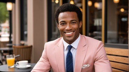 A man in a pink suit smiles at the camera, seated at a table with a glass of orange juice and a cup of coffee in front of him.
