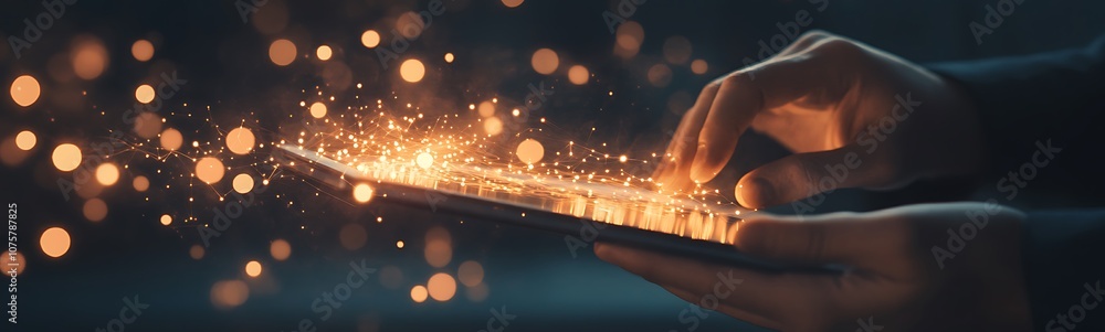 Poster a person interacts with a tablet, causing sparks and light effects to emerge, symbolizing creativity