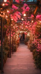 Fototapeta premium A romantic garden pathway adorned with pink flowers and fairy lights.