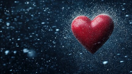 Obraz premium Red heart floats in dark sky with snowflakes surrounding it