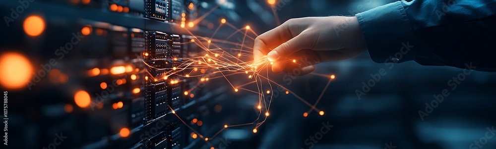 Fototapete a hand interacts with technology, surrounded by glowing sparks and connections, symbolizing innovati