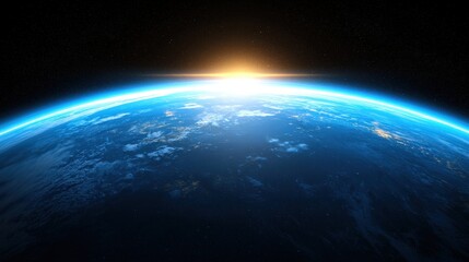 Obraz premium Earth From Space Sunrise Blue Planet Horizon Clouds Atmosphere 3D Render
