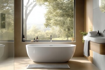 Fototapeta premium Sleek bathroom with groutfree walls, streamlined fixtures, and easytoclean surfaces, designed for lowmaintenance, minimalist bathroom