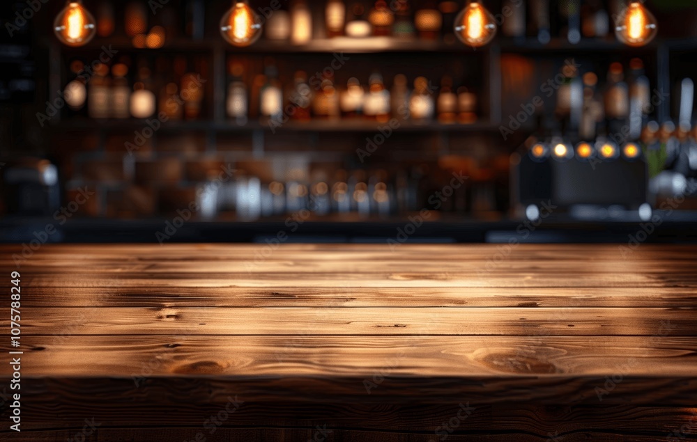 Poster empty rustic wooden table top with blurred bar background for product display
