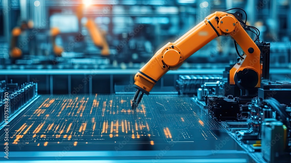 Aufkleber robotic arm assembling a circuit board in a factory