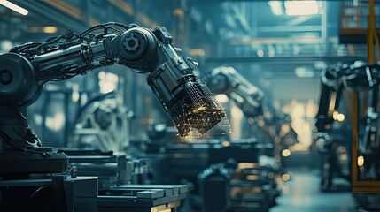 Fototapeta premium Industrial Robotic Arm in a Factory Setting