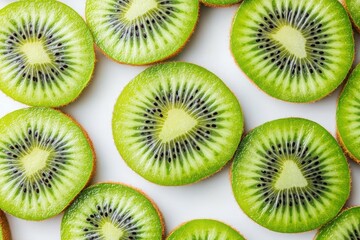 Fototapeta premium Sliced kiwi with glistening seeds, juicy green color and appetizing freshness, capturing vibrant details and juicy appeal, fruit closeup