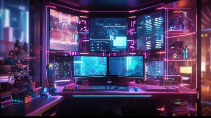 Futuristic gaming setup with multiple monitors, neon lighting, and a keyboard on a desk.