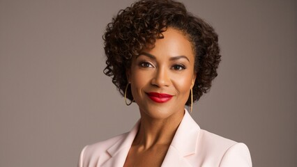 A portrait of a woman with curly hair, wearing a pink blazer and red lipstick, smiling at the camera.