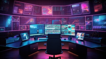Futuristic cyberpunk workspace with multiple screens displaying data and information.