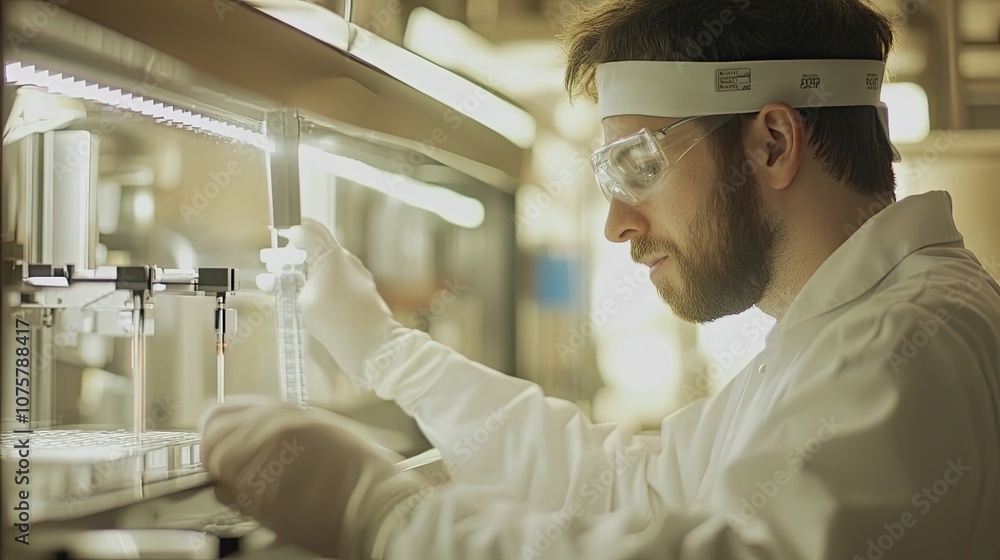 Poster a scientist in a lab coat operates a complex machine