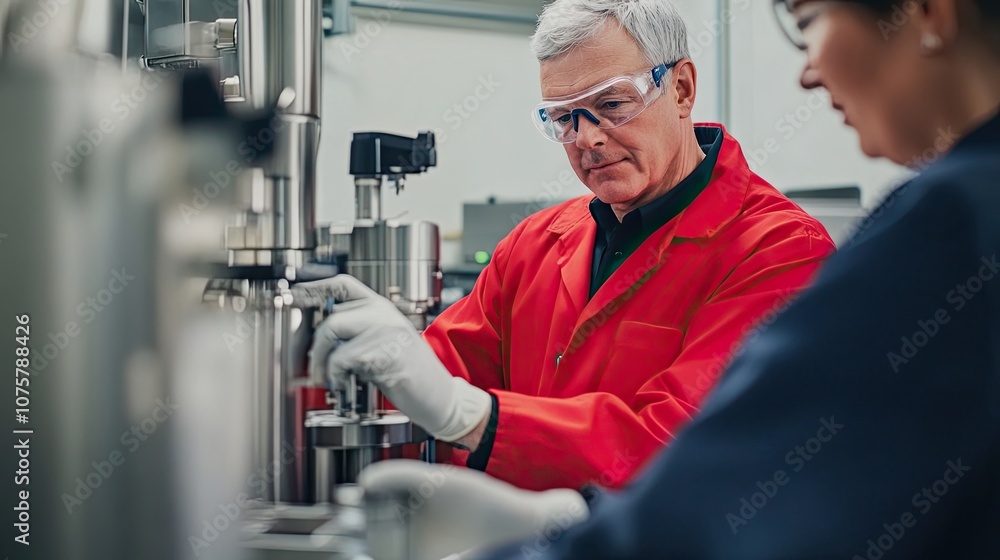 Poster man in red lab coat operating a machine with a woman watching