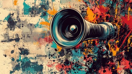 Loudspeaker announcing crazy promotions. Doodle elements on retro poster.