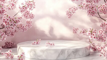 Elegant marble platform with pink cherry blossoms in soft natural light.