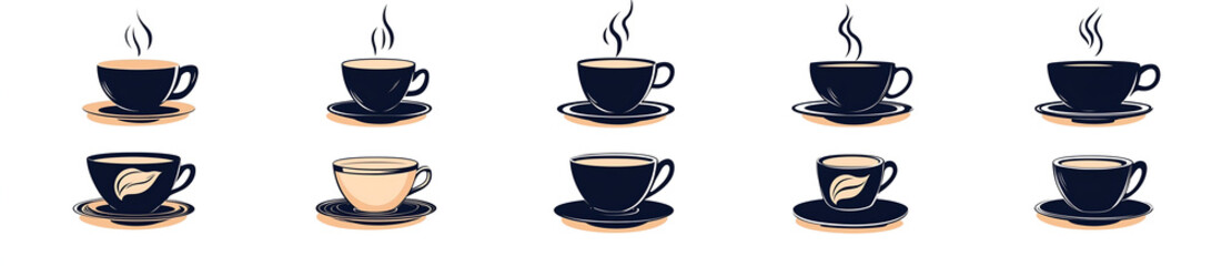 Obraz premium set of black vector icons, coffee cup with steam in different poses on white background