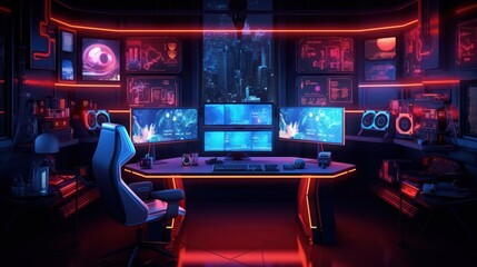 Futuristic gamer room with multiple monitors, neon lights, and a gaming chair.