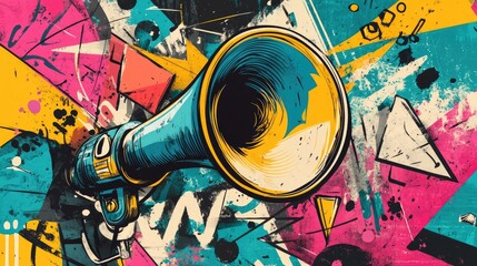 Loudspeaker announcing crazy promotions. Doodle elements on retro poster.