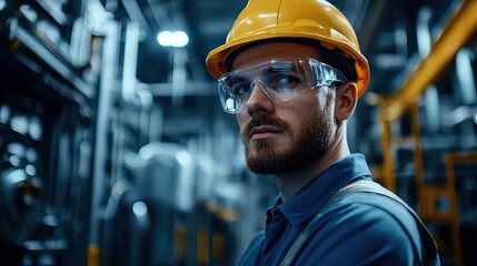 A Close-Up of a Focused Worker Wearing Safety Gear in an Industrial Setting