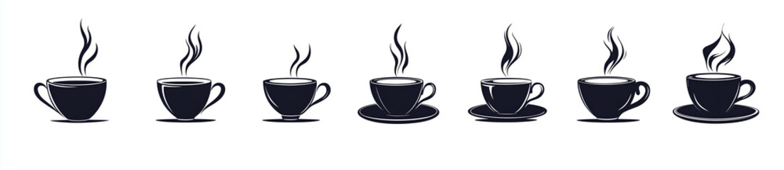 Obraz premium set of black vector icons, coffee cup with steam in different poses on white background