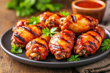 Fototapeta premium Succulent grilled chicken wings with juicy texture, glistening with spicy sauce, appetizing and vibrant, comfort food