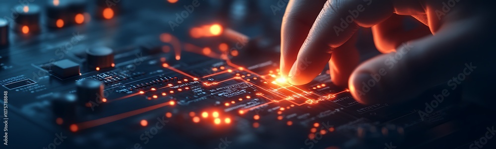 Leinwandbilder a close-up view of a finger touching a glowing circuit board, showcasing intricate details and vibra