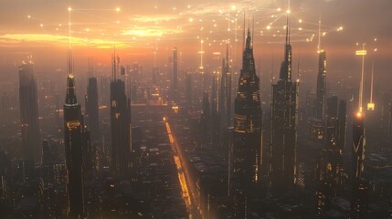 Naklejka premium Aerial View of Futuristic Cityscape at Sunset with Skyscrapers and Digital Connections Illuminating the Urban Skyline in a Glowing Atmosphere