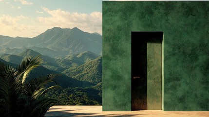 Fototapeta premium Green Wall Minimalist Architecture with Mountain View and Palm Tree