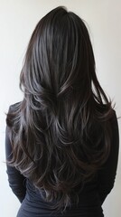 Naklejka premium Woman in black shirt with long, dark-brown wavy hair