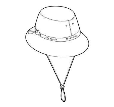 recommend clip art: Boonie Bucket Hat with Cord Stopper. Summer Head Fashion accessory cap clothing technical illustration. Vector headgear for Men, women, unisex style, flat template CAD mockup sketch outline isolated