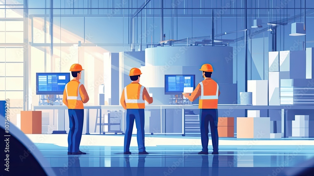 Poster three workers in safety vests observing a machine in a factory