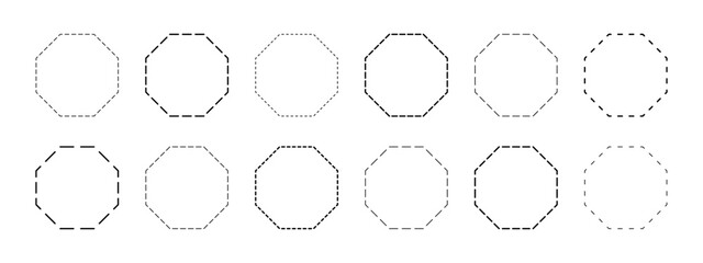 Octagon or honeycomb shapes with dashed lines. Dotted geometric figures isolated on white background. Cut here pictograms. Vector outline illustration.