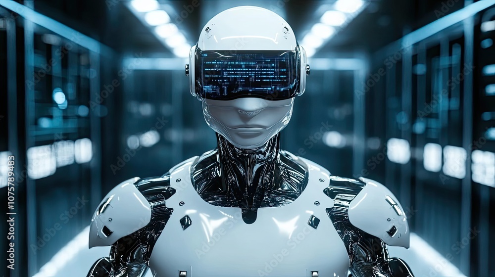 Poster a humanoid robot with a digital display visor standing in a futuristic server room