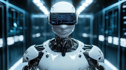 A humanoid robot with a digital display visor standing in a futuristic server room