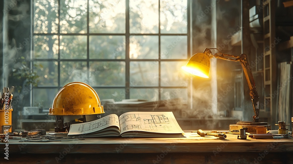 Poster bright and inviting construction worker s desk featuring a yellow helmet an open notebook with sketc