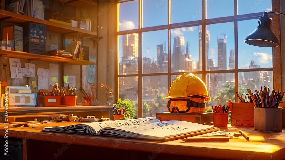 Poster bright and inviting scene of a construction worker s desk featuring a yellow safety helmet an open n