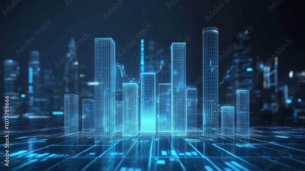 Fototapete futuristic cityscape with digital data visualizations and graphs representing growth, technology, an