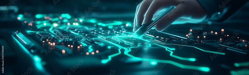 Poster A close-up of a hand interacting with a glowing circuit board, featuring intricate patterns and vibrant neon colors, representing technology and innovation.