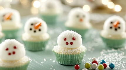   A group of frosted cupcakes perched atop a white-frosted table, adorned with sprinkles