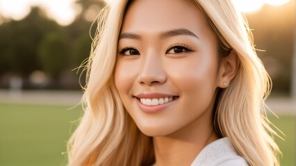 Fototapeta premium A young woman with blonde hair smiles warmly at the camera, set against a blurred green field and a clear sky.