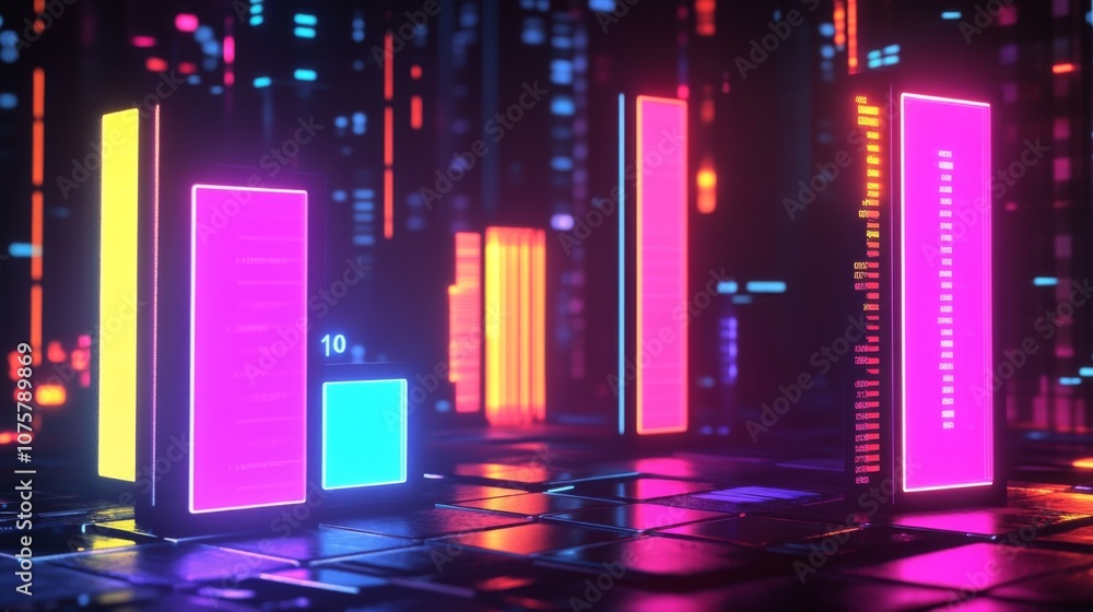 Poster futuristic data visualization concept with neon bars and digital elements in a dark environment, per