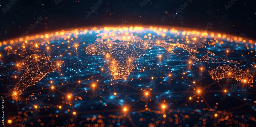 Poster global network connectivity concept with glowing connections on world map