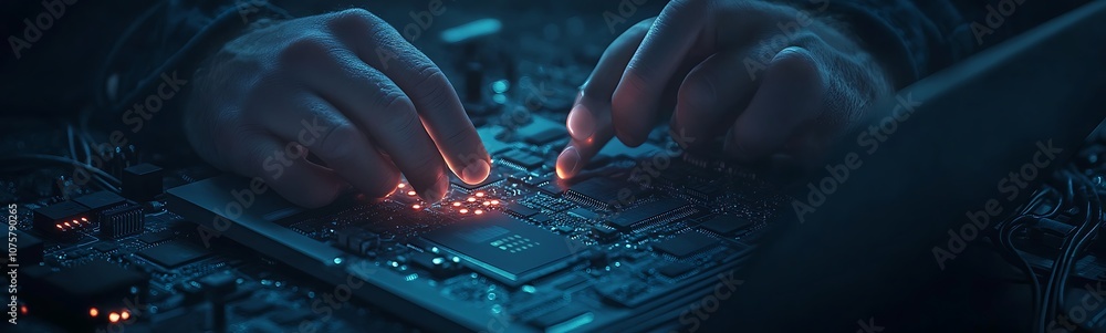Fototapete a close-up view of hands working on a circuit board with glowing components, showcasing intricate te