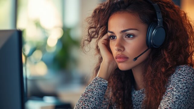 Focused woman with curly hair and headphones working at a computer in an office.