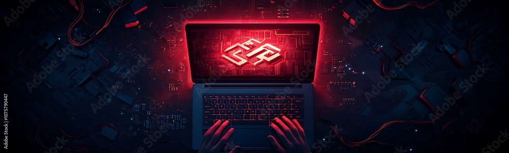 Poster a sleek laptop displays a glowing digital symbol, surrounded by intricate red circuitry, evoking the
