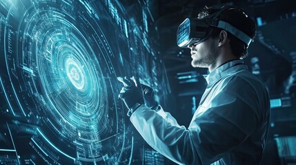 A Man Wearing VR Headset Interacts With a Holographic Interface