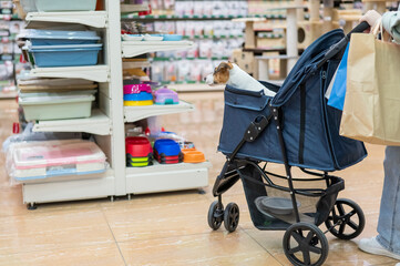 A woman is shopping at a pet store with her Jack Russell Terrier dog in a stroller.