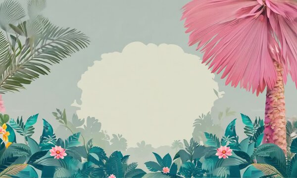 Tropical vintage botanical landscape, pink palm tree, banana tree, blue plant, pink flamingo floral seamless border grey background. Exotic jungle animal wallpaper