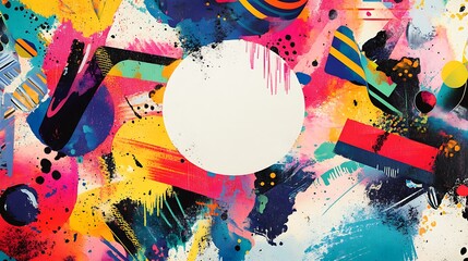 A customizable birthday card with a large blank space in the center, surrounded by colorful abstract shapes and patterns. 
