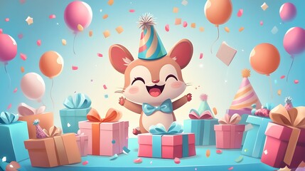 A cute birthday card design featuring an adorable animal character surrounded by presents and party decorations. 
