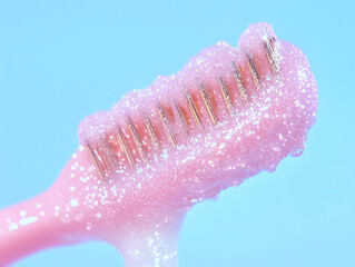 Fototapeta premium A close-up of a pink toothbrush covered in sparkling, foamy toothpaste against a blue background.